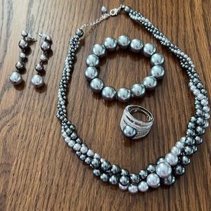 Faux pearl necklace, bracelet, earrings, ring